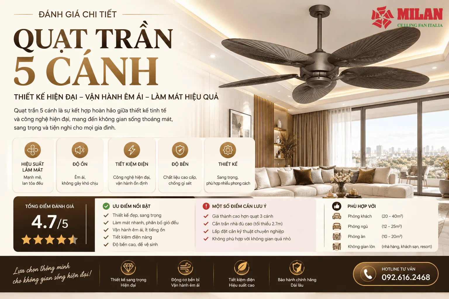 đánh giá quạt trần 5 cánh milan